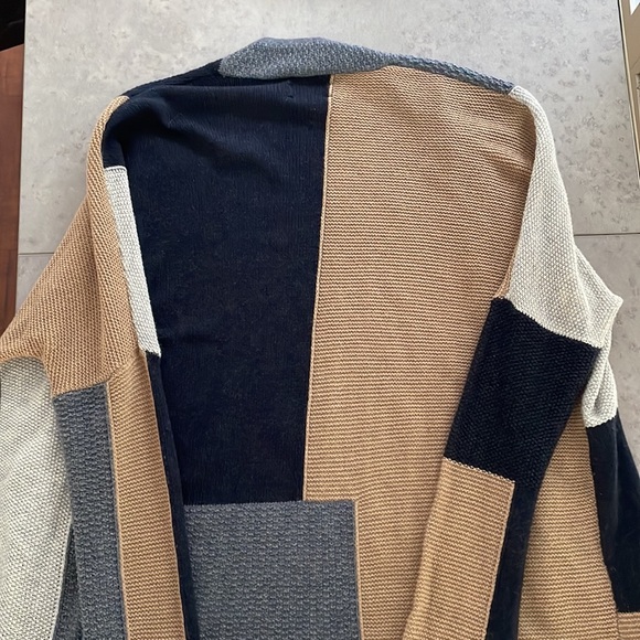 Lucky Brand Patchwork Open Long Cardigan Navy Gray Tan Textured Loose size XS - Picture 9 of 12